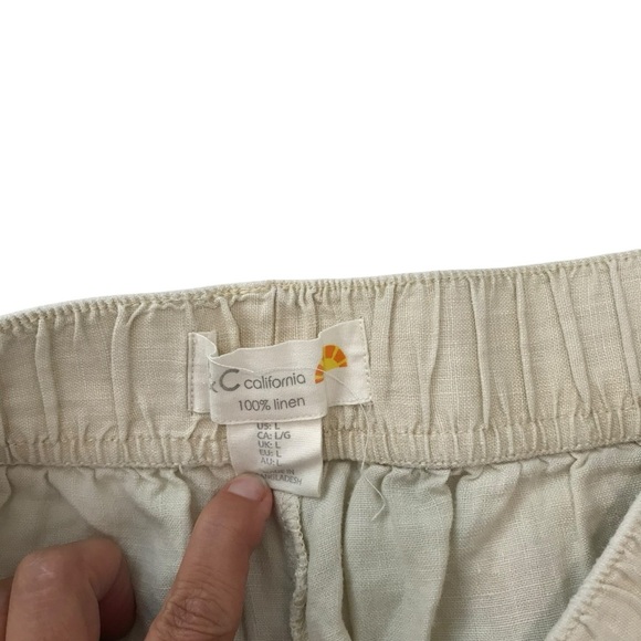 C&C California 100% Linen Pants Large Cargo Beach Wide Leg Cream Elastic Waist - Picture 3 of 4